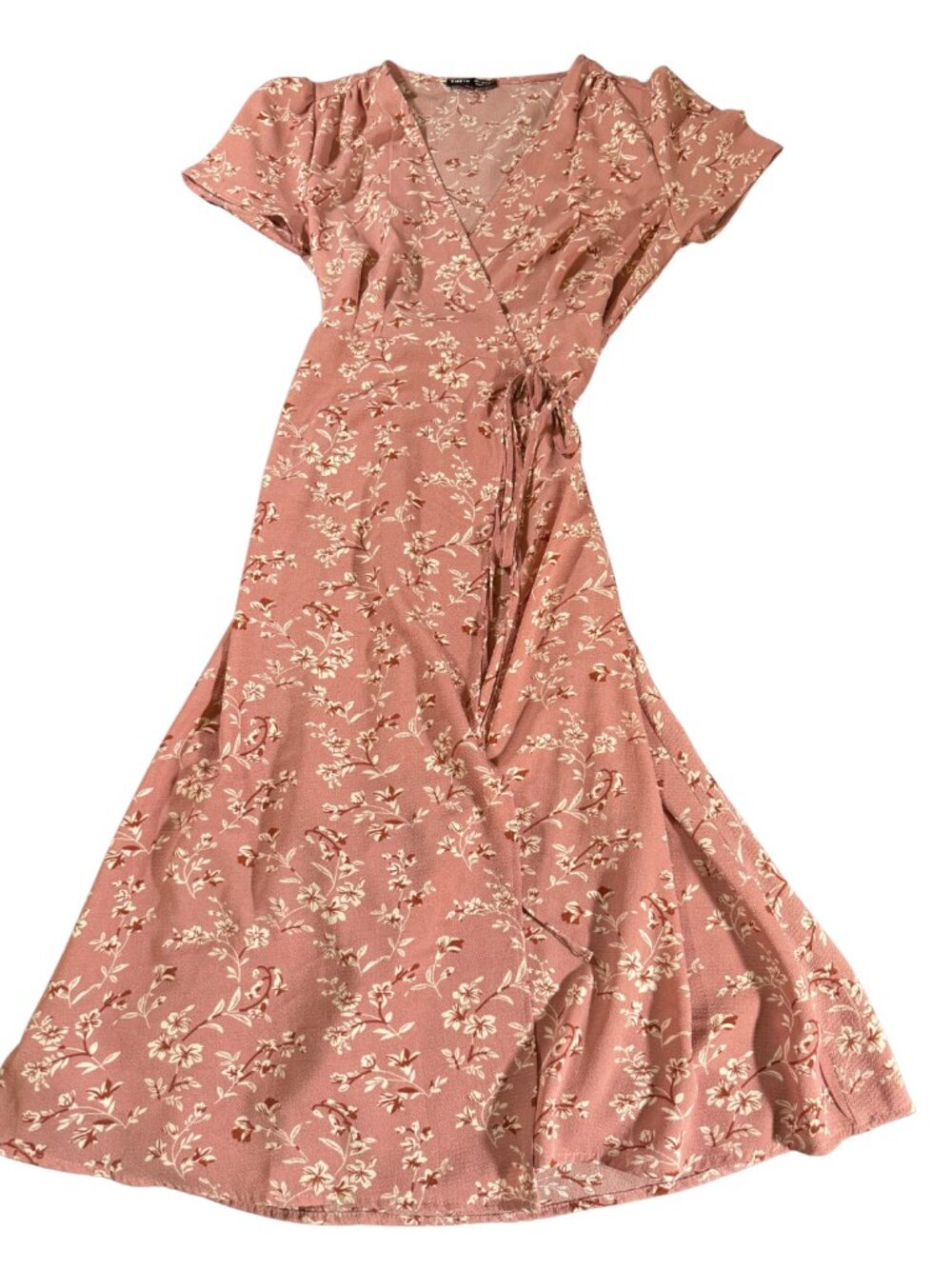 SHEIN Women's M Dusty Pink Floral Wrap Midi Dress Tie Waist Short Sleeve